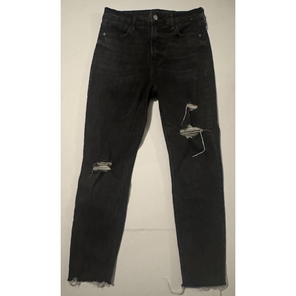 Old Navy Rockstar Jeans Womens 8 High Rise Super Skinny Black Distressed Raw Hem